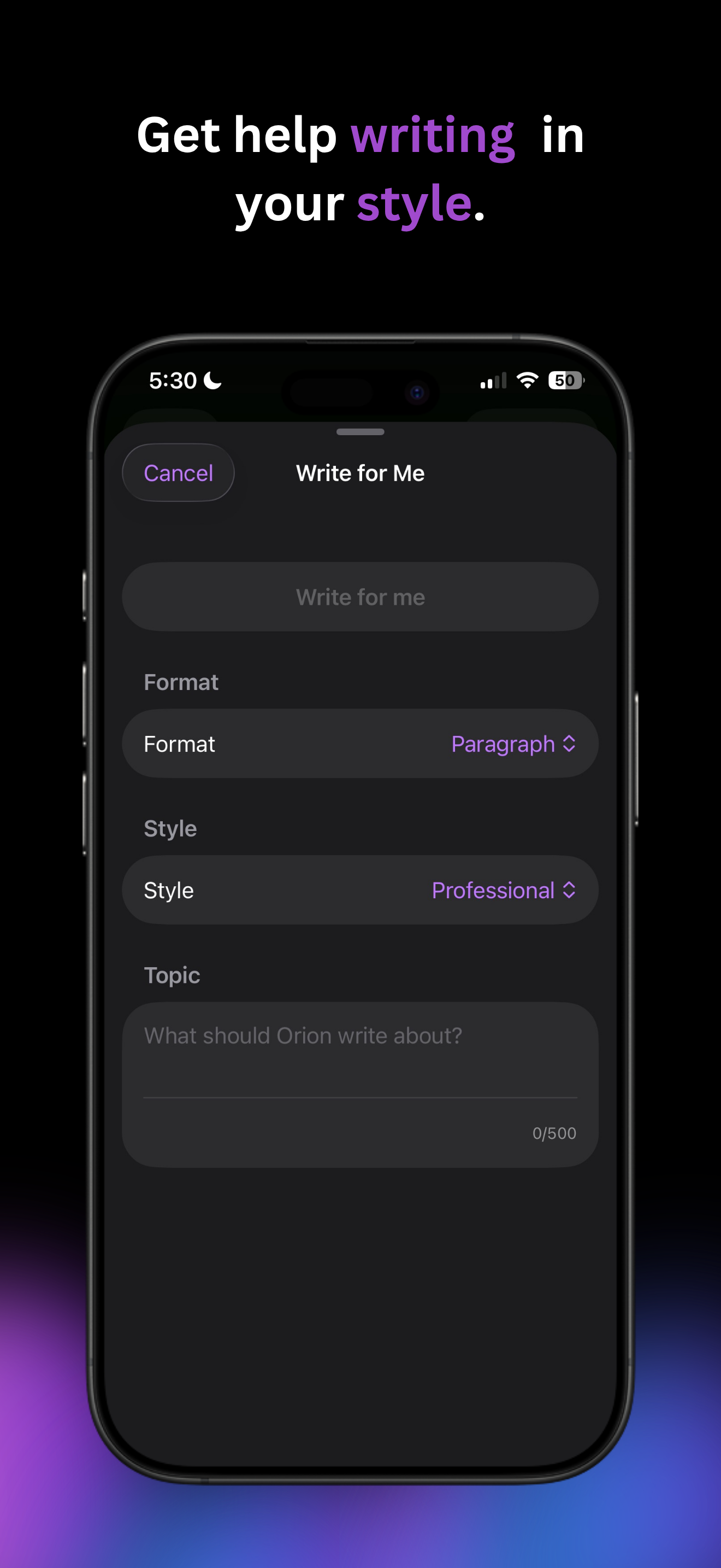 Writing assistance with selectable style and format