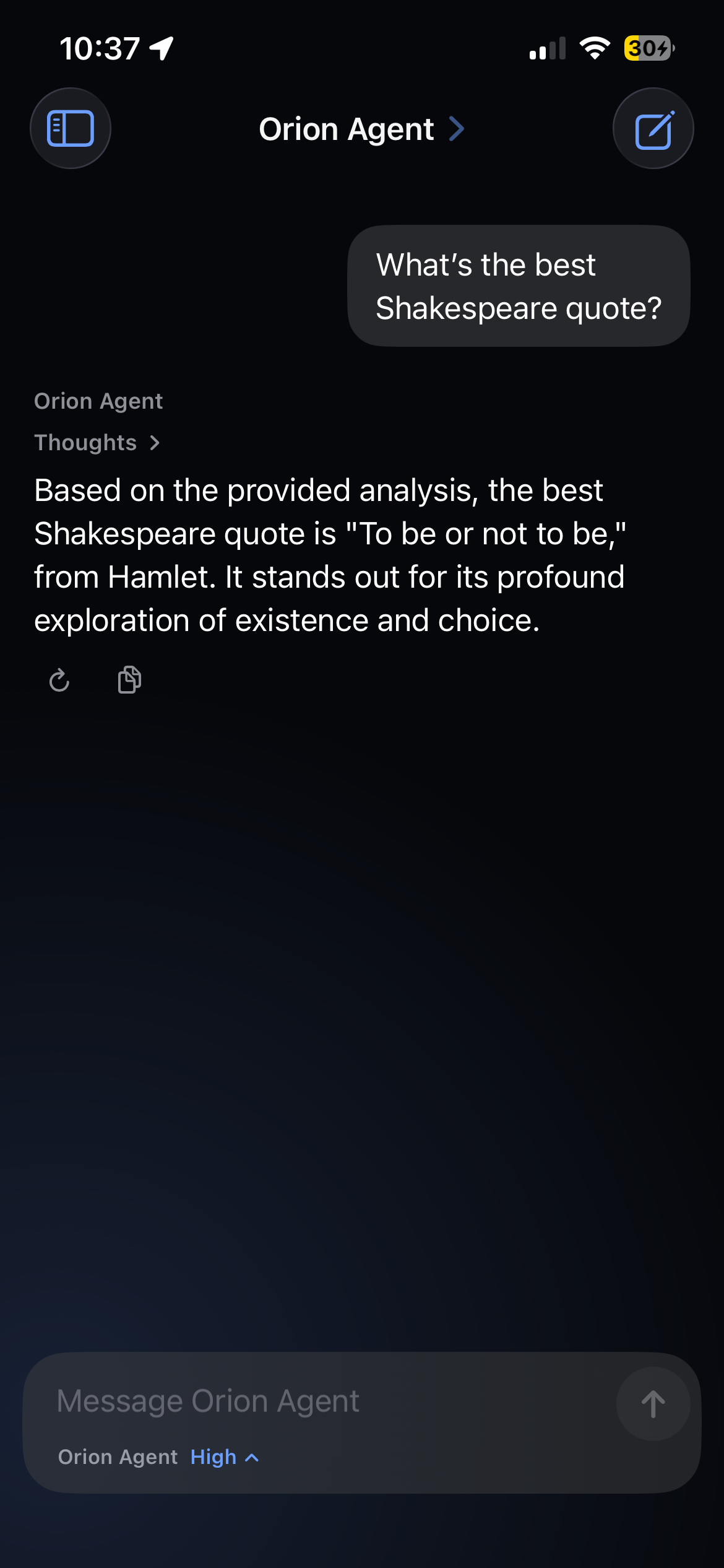Orion Agent answering a question with visible Thoughts and the effort selector set to High