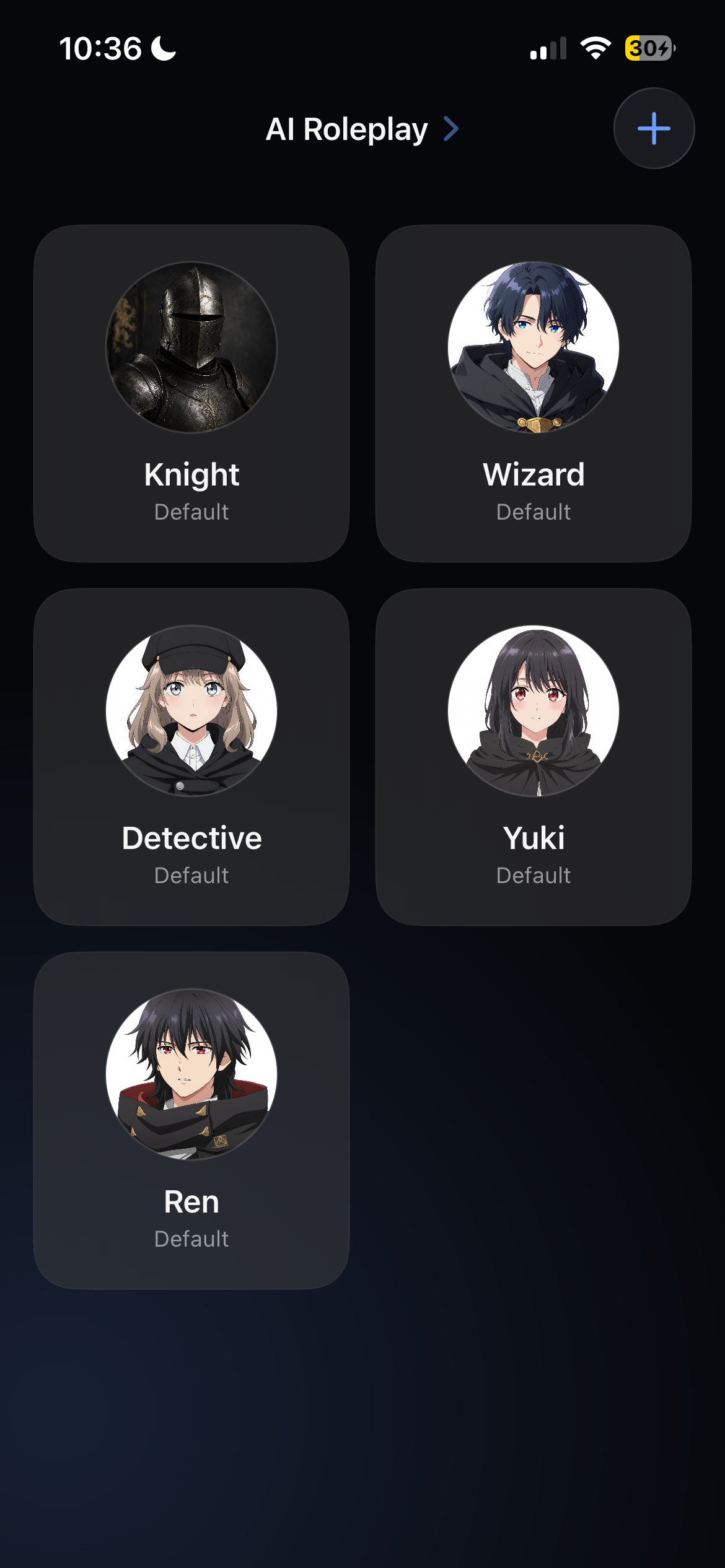 The AI Roleplay character menu with Knight, Wizard, Detective, Yuki, and Ren