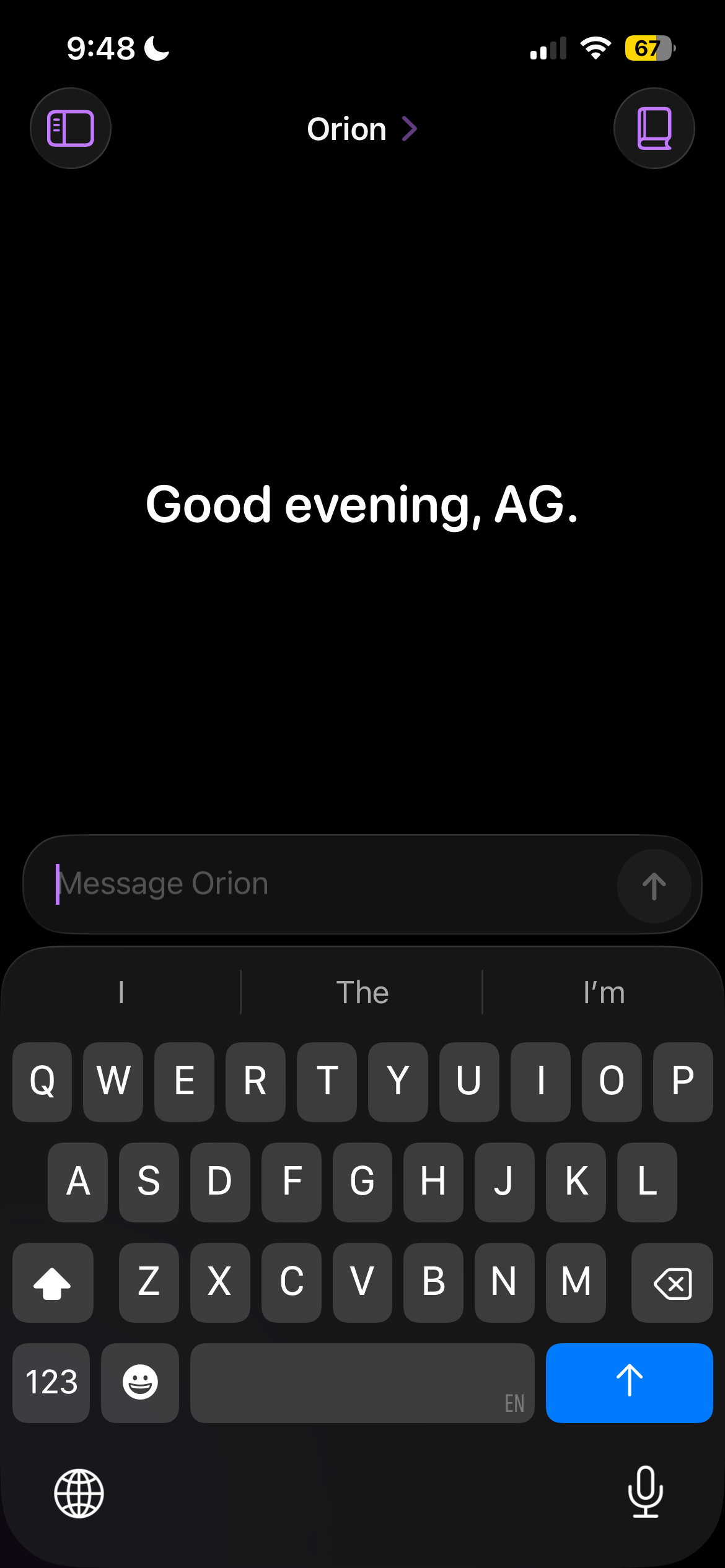 Orion v3 home screen with a personalized greeting