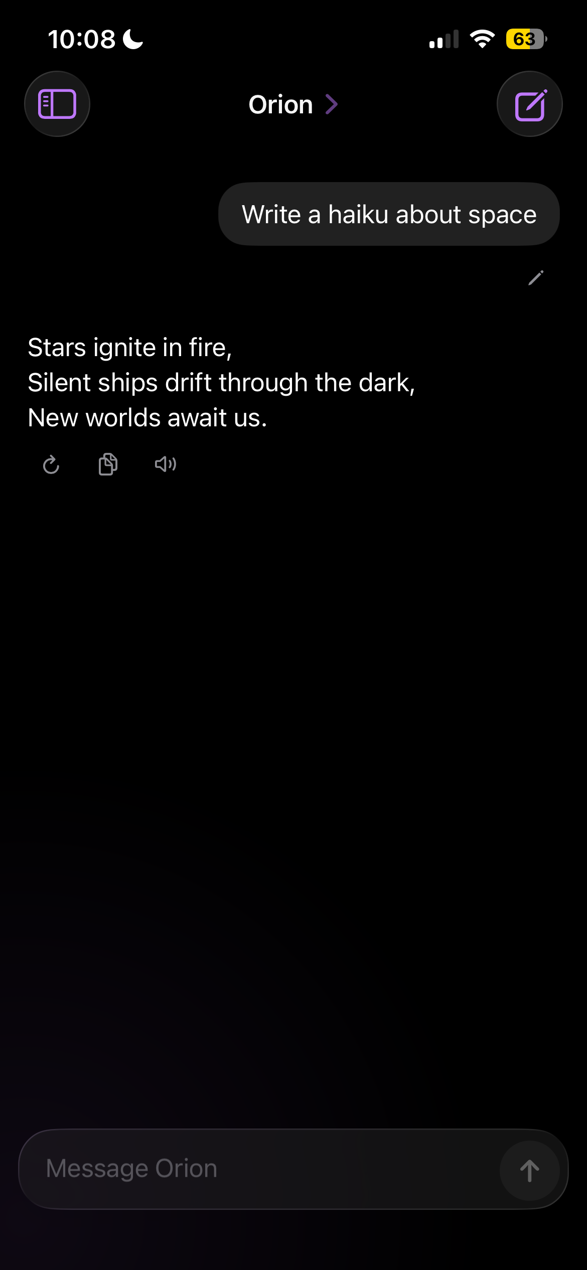 Orion v3 writing a haiku about space