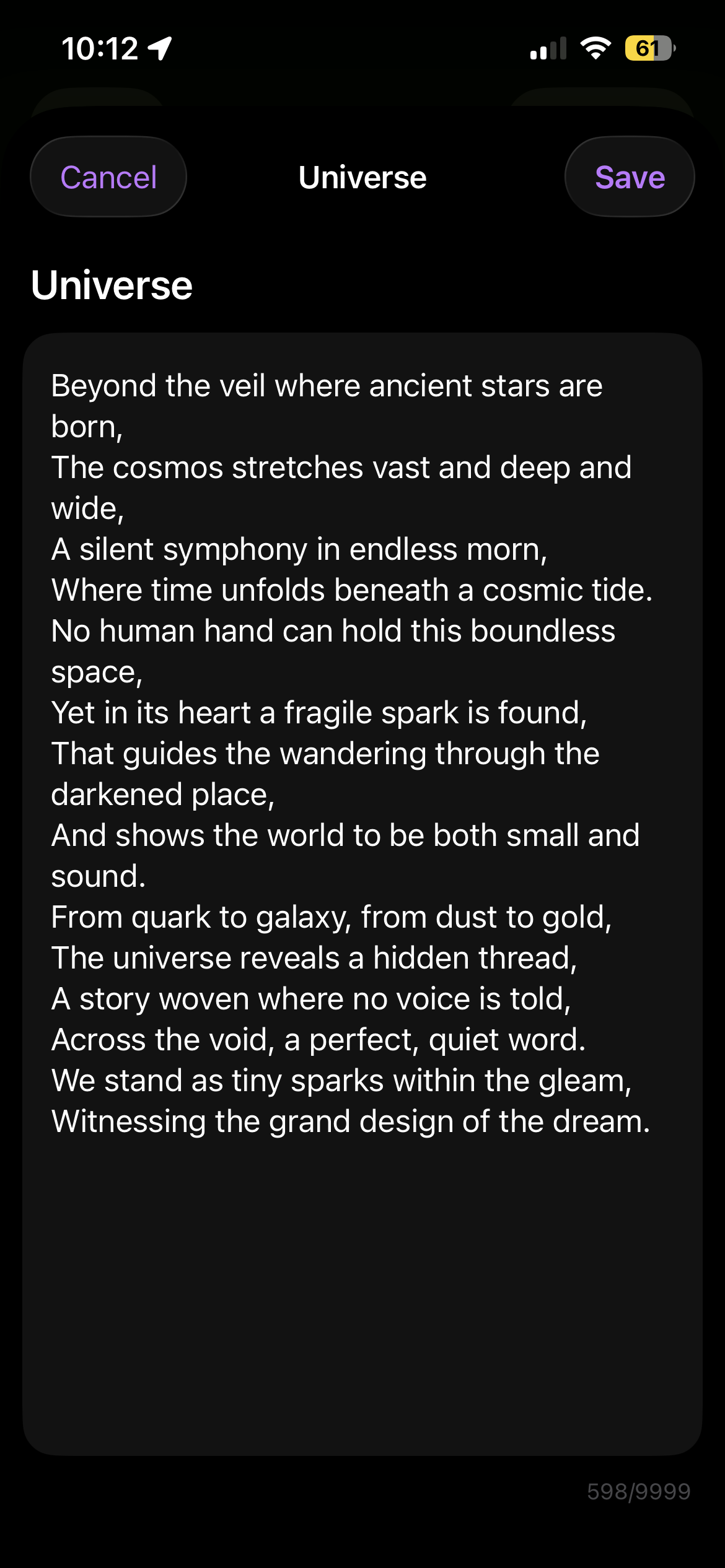 Editing a note titled Universe in Orion v3