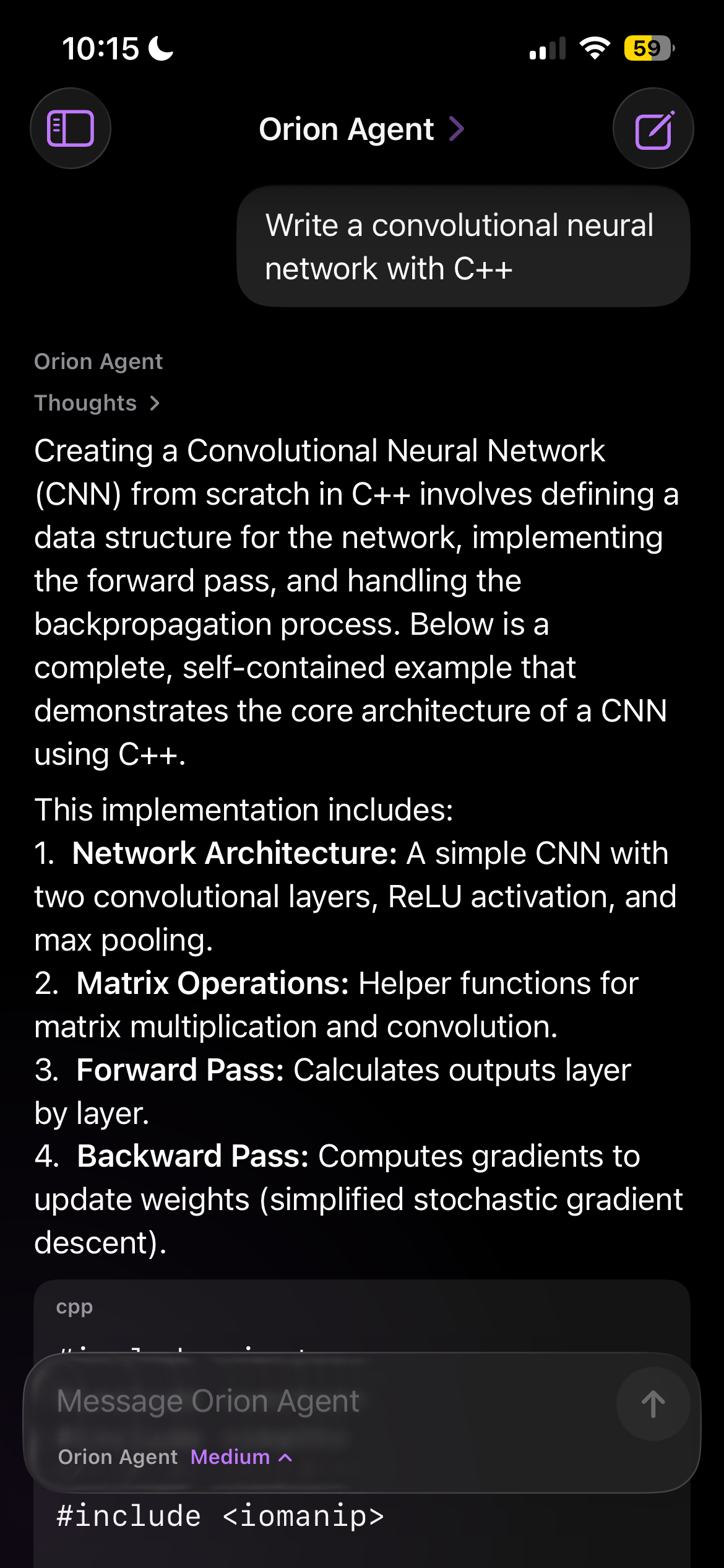 Orion Agent describing a C++ convolutional neural network with Thoughts available and Medium effort selected